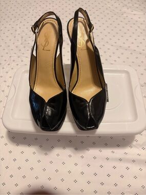 Saint Laurent Black Patent Peep-Toe Slingback Heels